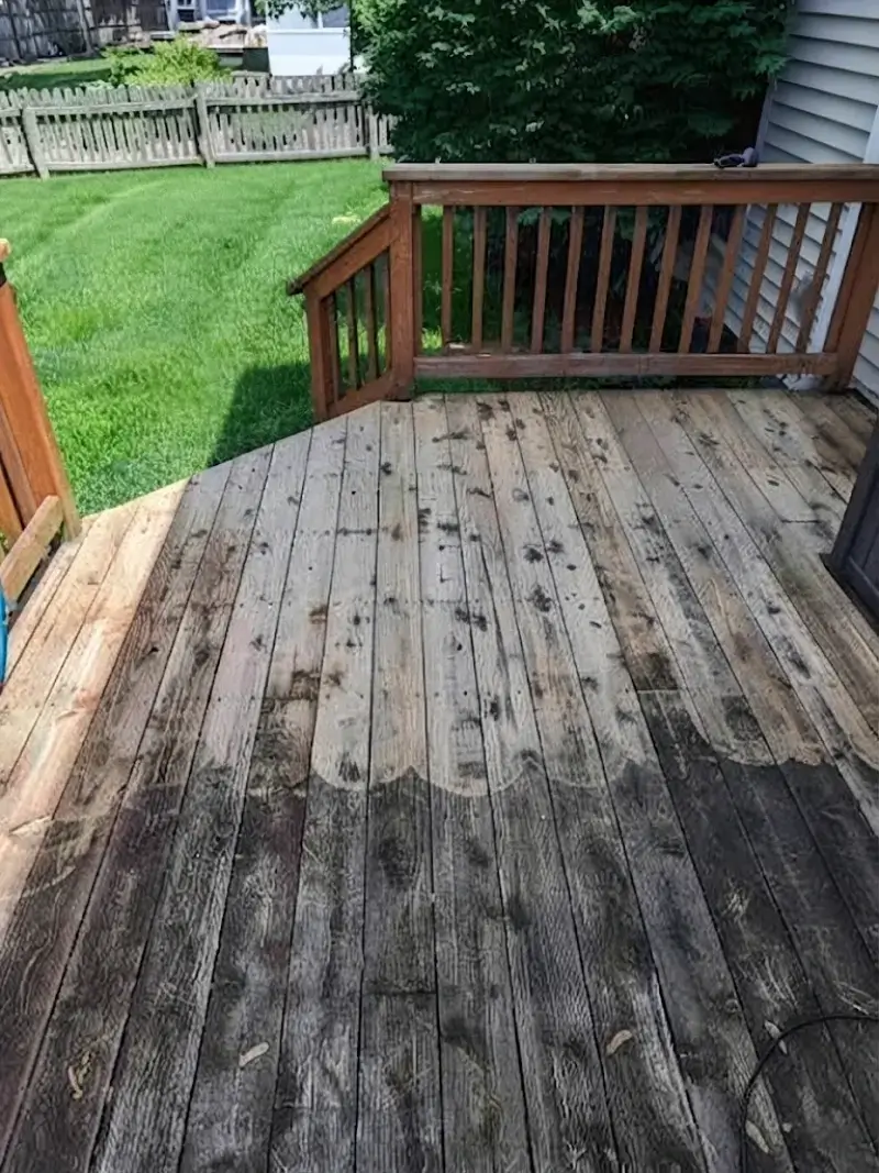 Wood Deck Cleaning Crew Brightening Boards in Plant City, FL Weathered wood deck before cleaning