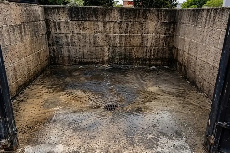 Grease Stained Dumpster Pad Before Cleaning at a Plant City Property Grease stained dumpster pad before cleaning