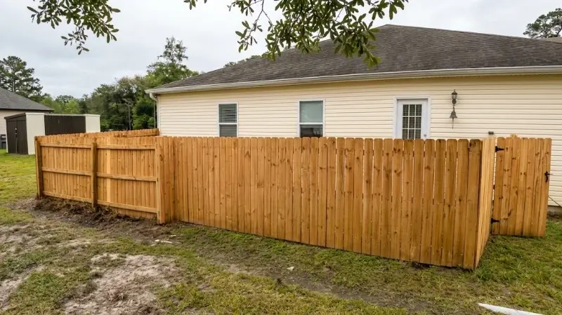 Wood fence after a soft wash cleaning in Plant City