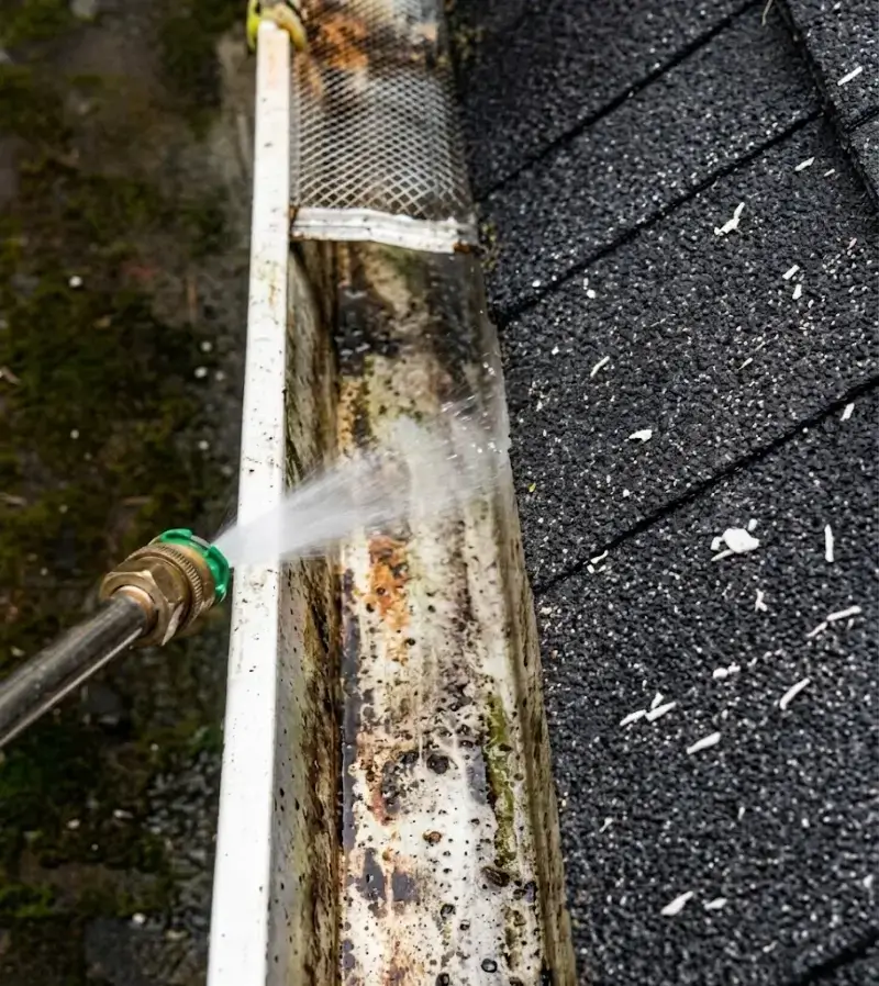 Gutter Cleaning Crew Clearing Debris at a Plant City Home Job Site Clogged gutters before cleaning