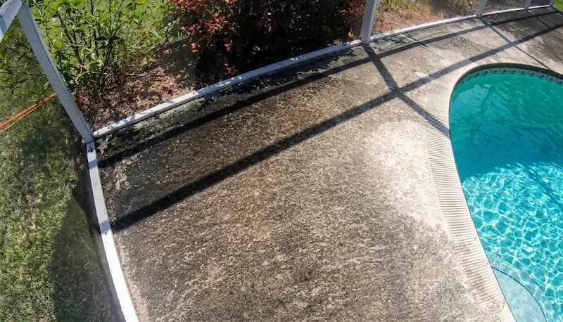 Pool Deck Cleaning Crew Clearing Algae at a Plant City Home Job Site Algae covered pool deck before cleaning